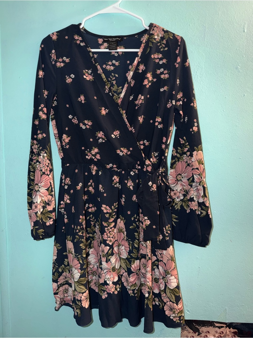 Black Floral Wrap Dress with Pink Blooms